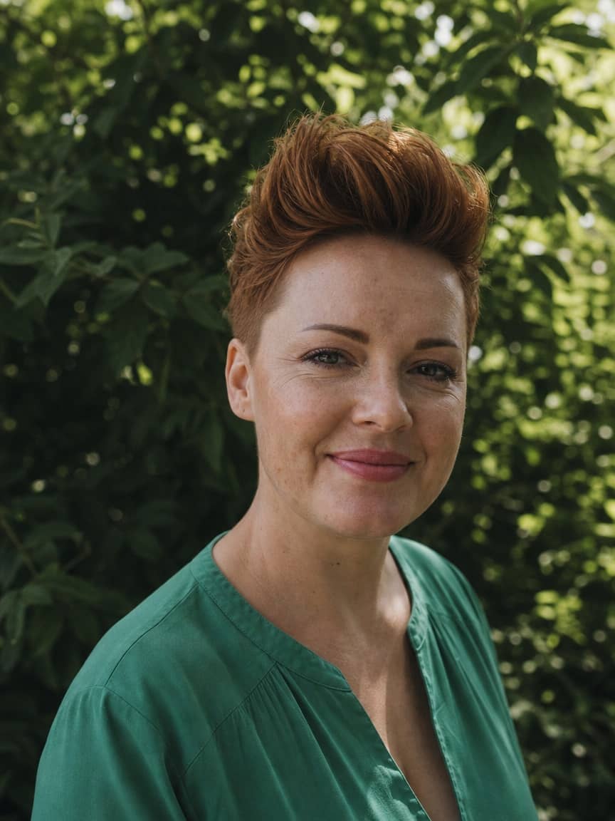 Pixie dla okrągłej twarzy z objętością na czubku w miedzianym odcieniu