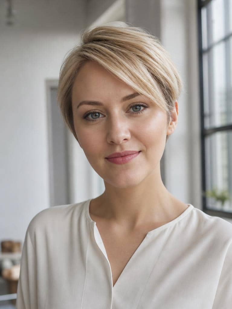 Pixie dla okrągłej twarzy ze skośną grzywką w blondzie wydłużający rysy