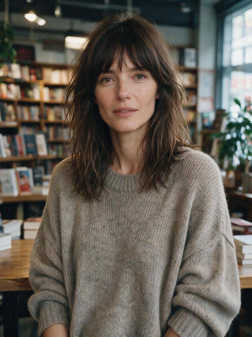 Modna grzywka po 40 - grzywka w stylu Jane Birkin sięgająca brwi na półdługich włosach