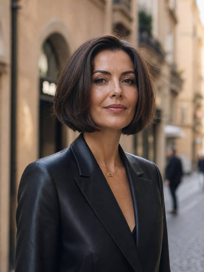 Modna fryzura po 40 na 2026 - włoski bob z objętością i gęstą linią cięcia