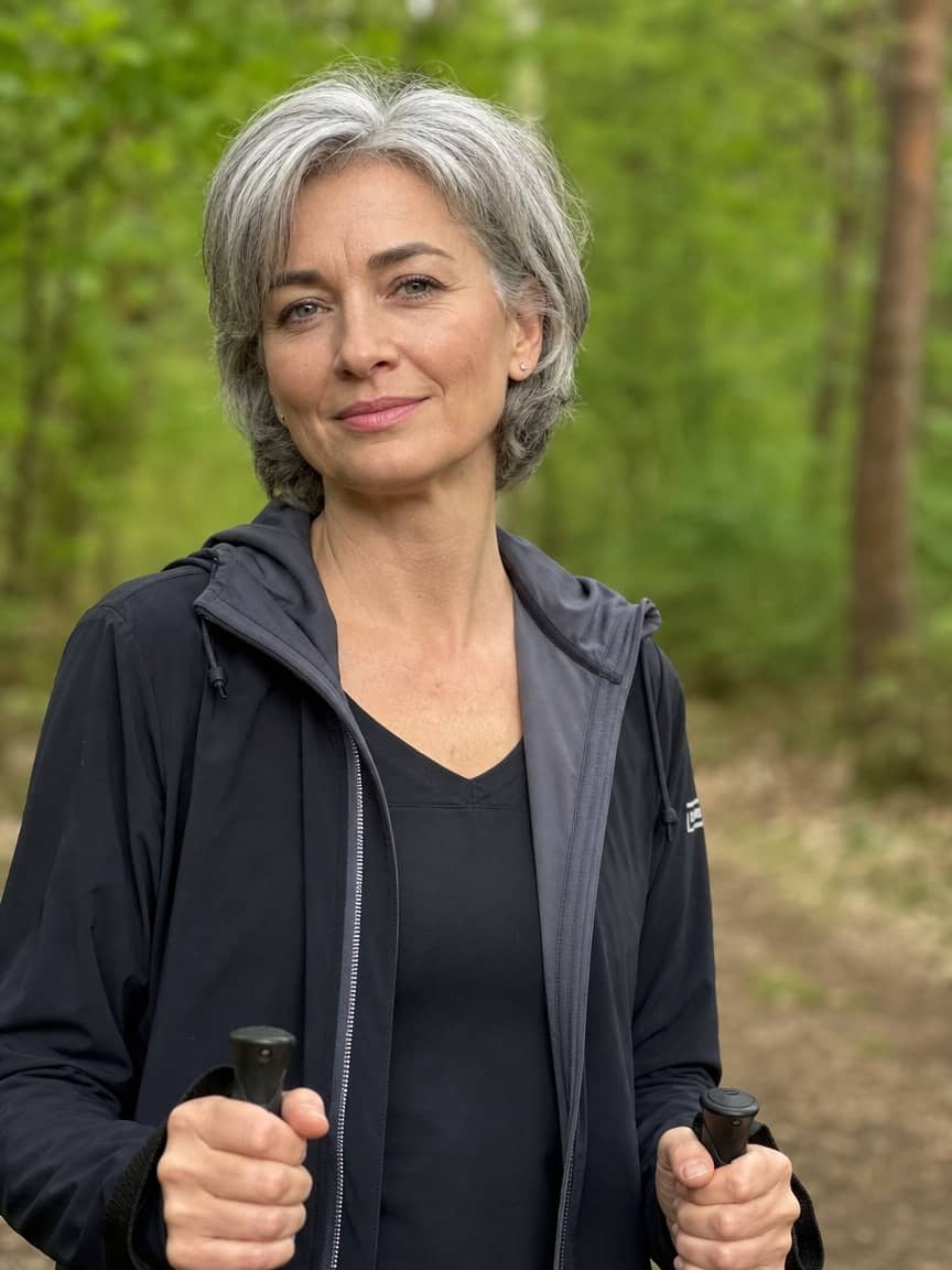 Krótka fryzura bez układania po 50 - naturalnie siwe włosy w cięciu wash and go