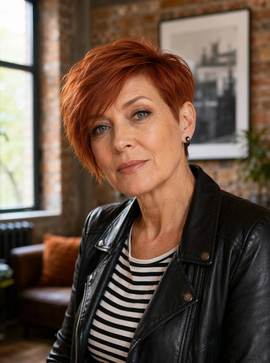 Modna krótka fryzura po 50 - asymetryczne pixie w kolorze miedzianym