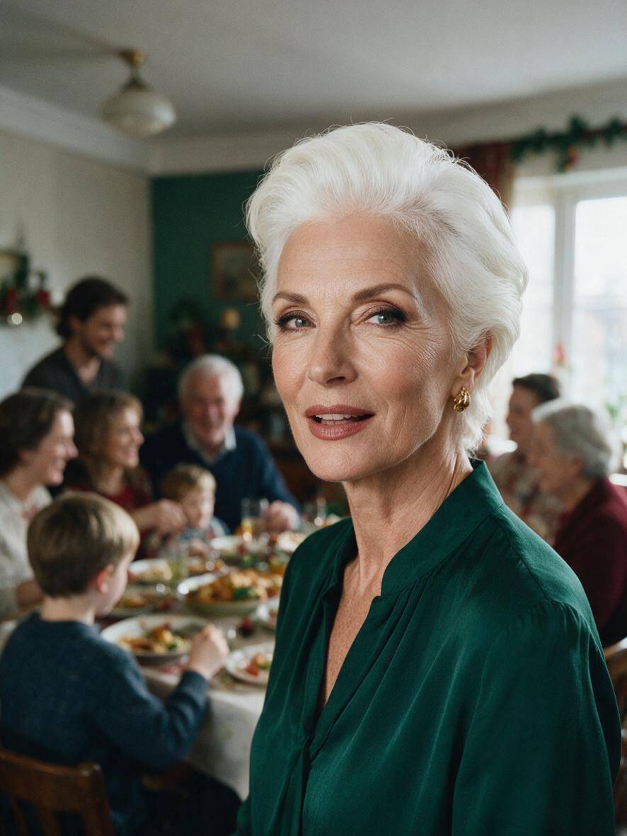 Silver hair dla seniorki - śnieżnobiałe krótkie włosy elegancko zaczesane do tyłu