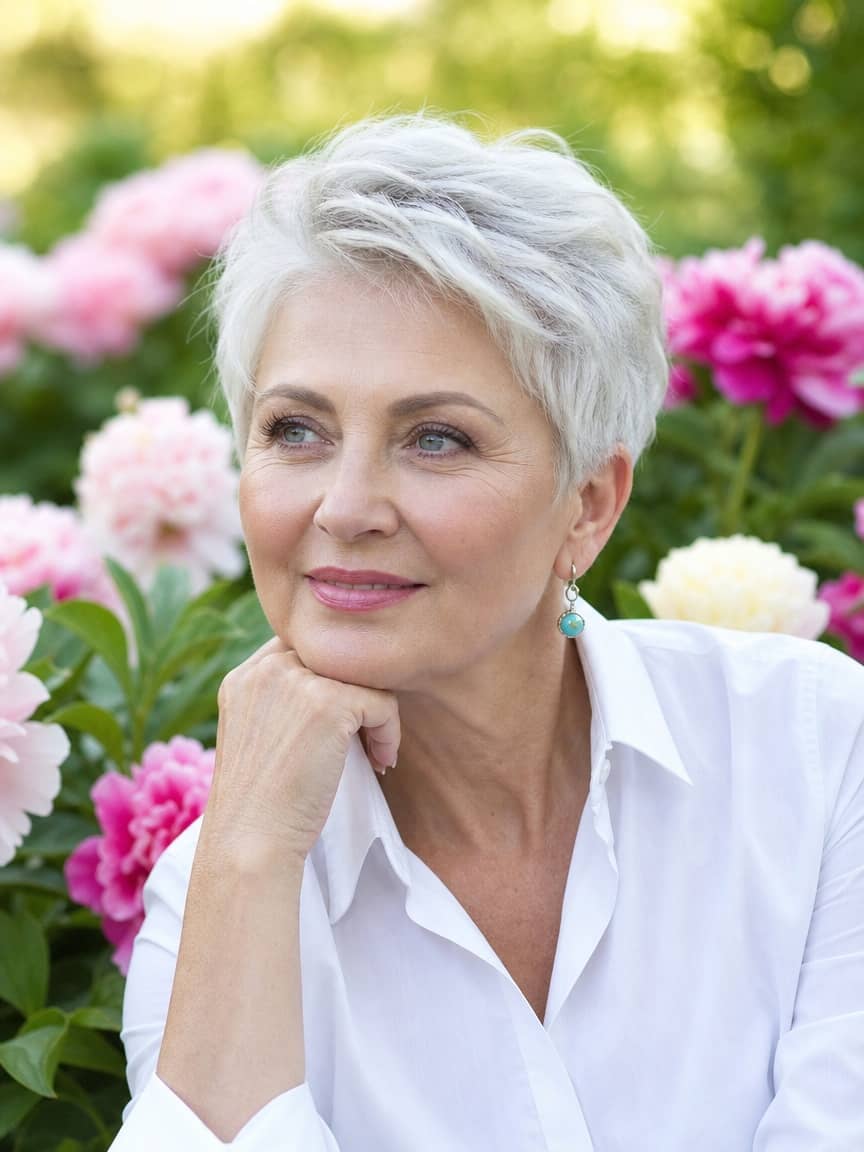 Silver hair po 60-tce - krótkie pixie w platynowo-siwym odcieniu