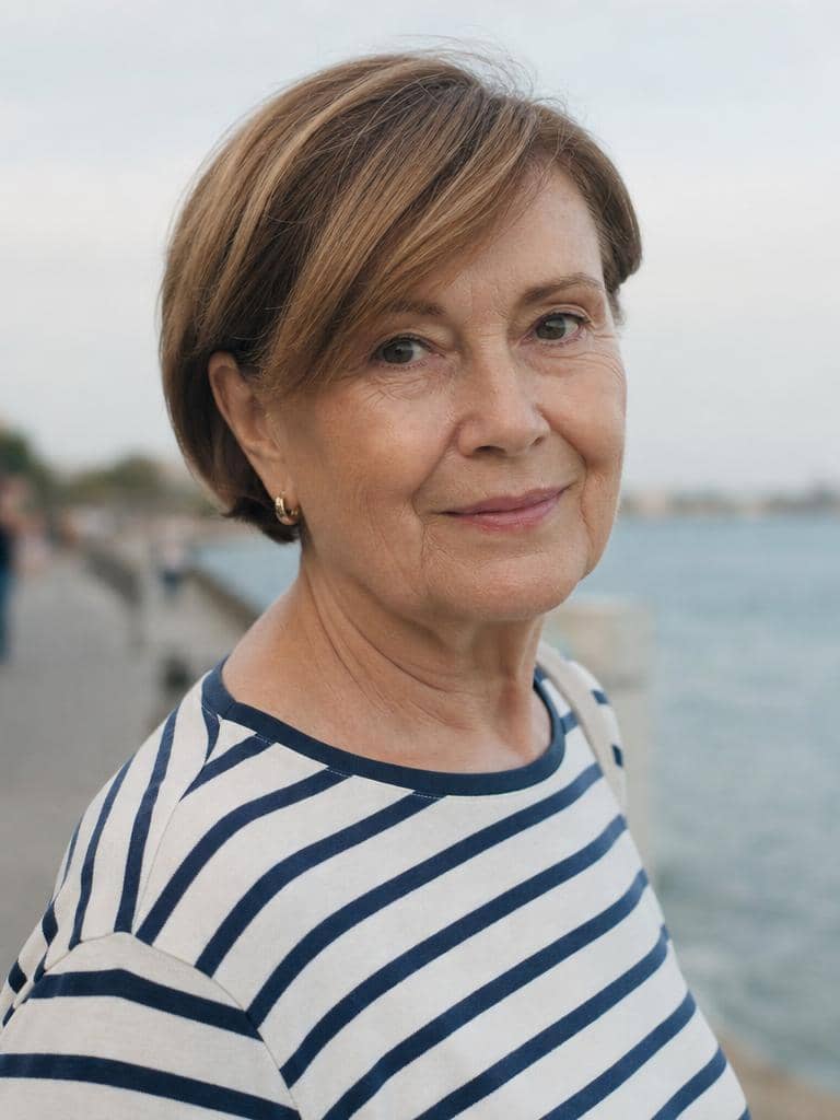 Fryzura na cienkie włosy dla 60-latki - półkrótkie cięcie z pasmami założonymi za ucho