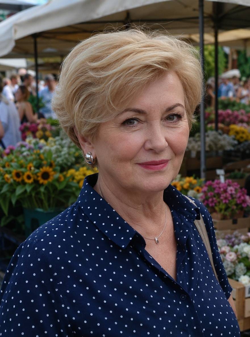 Elegancka krótka fryzura dla seniorek - wydłużone pixie zaczesane na jedną stronę