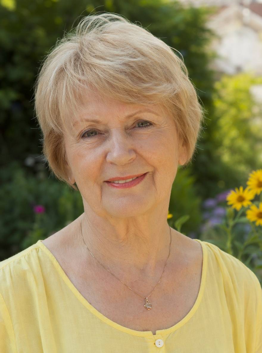 Krótka fryzura z delikatną grzywką dla pań po 70-tce w blond kolorze
