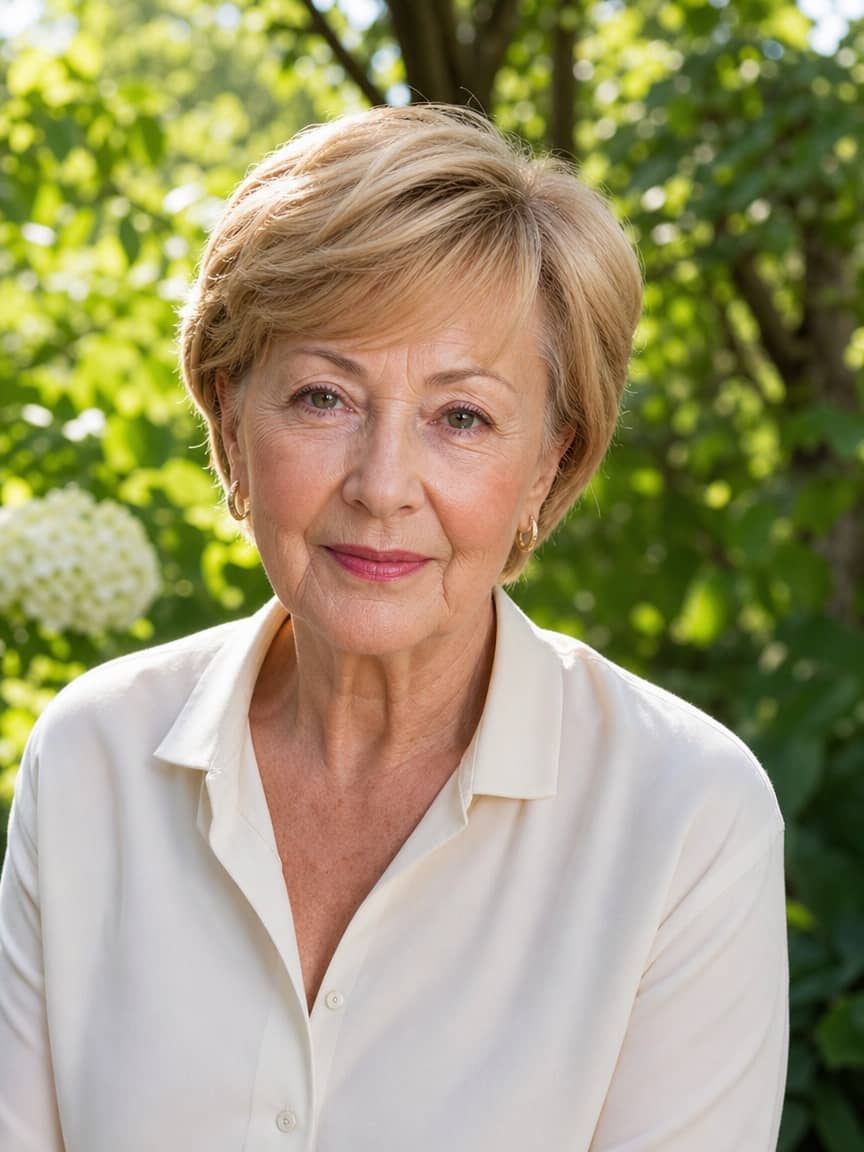 Krótka klasyczna fryzura dla 70-latki w ciepłym blond kolorze