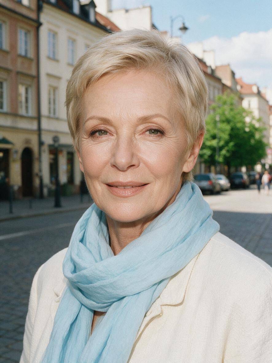 Modna krótka klasyczna fryzura dla pani po 70 roku życia w jasnym popielu