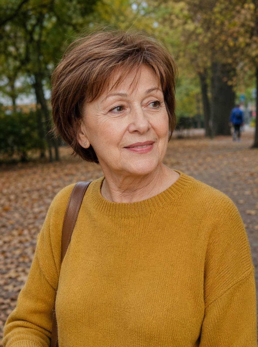 Łatwa w układaniu fryzura dla 70-latki w ciepłym kasztanie