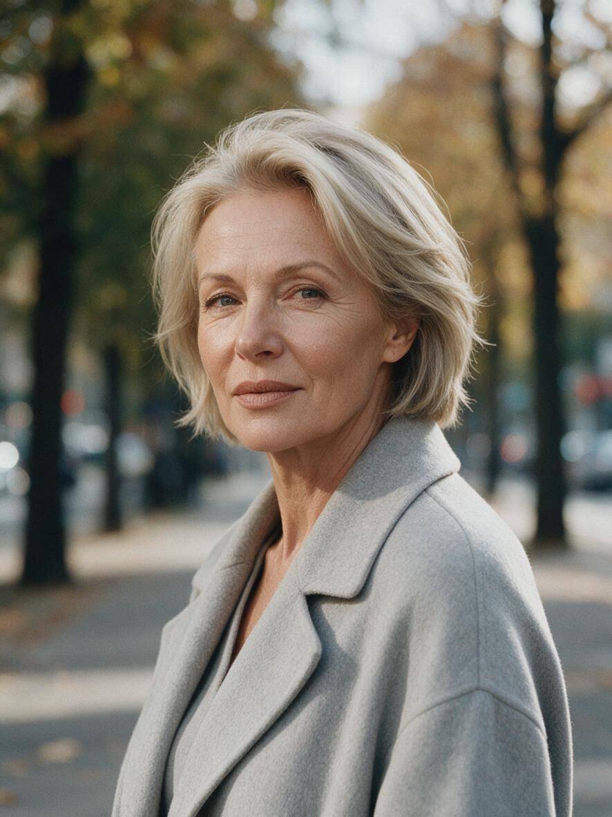 Modna półkrótka fryzura z objętością dla pani po 70 roku życia w popielatym blondzie