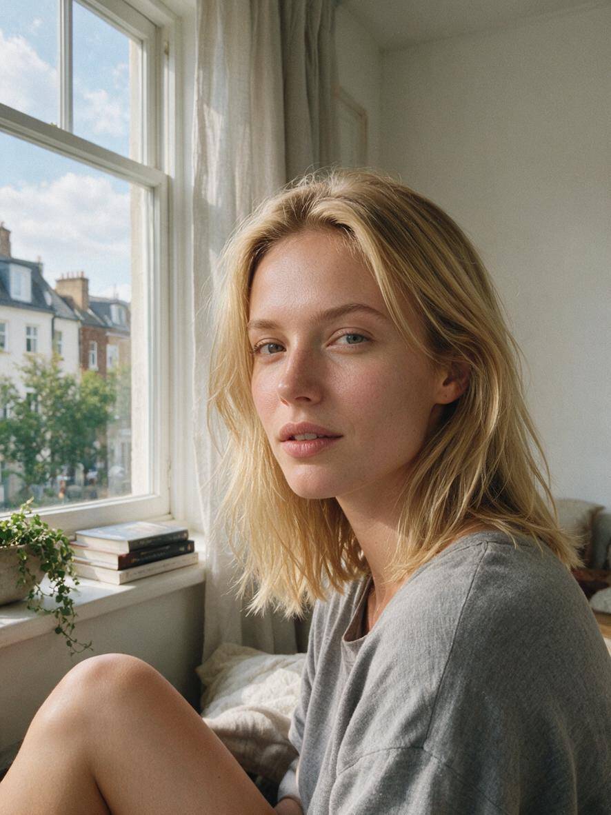 Kobieta z półdługimi blond włosami o naturalnej teksturze