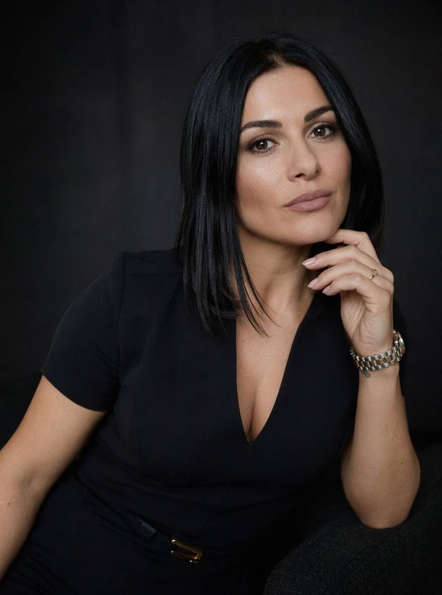 Ciemnowłosa kobieta z gładkimi prostymi półdługimi włosami w eleganckim stylu