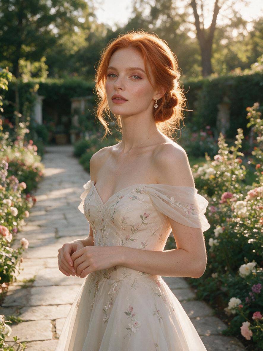 Rudowłosa kobieta z półdługimi włosami w eleganckim niskim upięciu