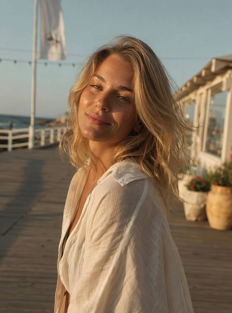 Kobieta z półdługimi blond włosami w luźnych beach waves
