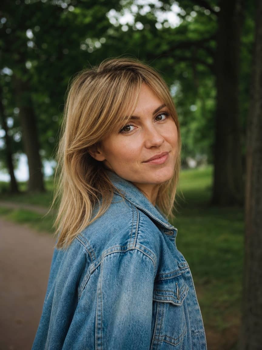 Kobieta z półdługimi włosami w ciemnym blondzie i grzywką na bok