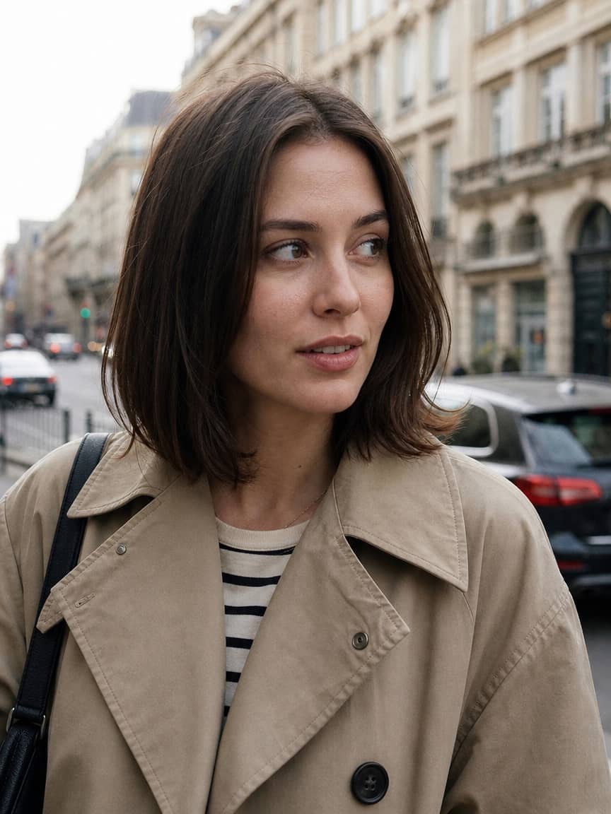 Brunetka z półdługim lobem na tle miejskiej ulicy