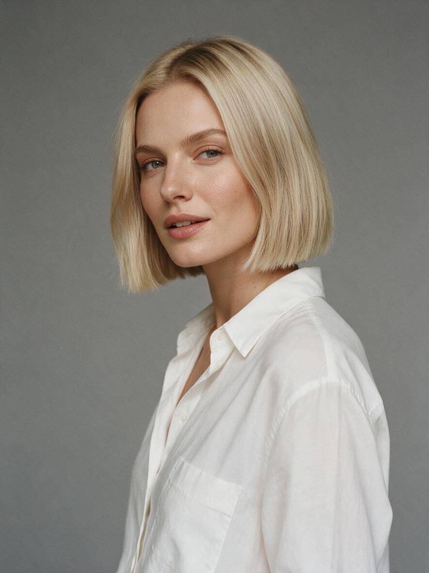 Kobieta z jasnym blond lobem w minimalistycznym studiu