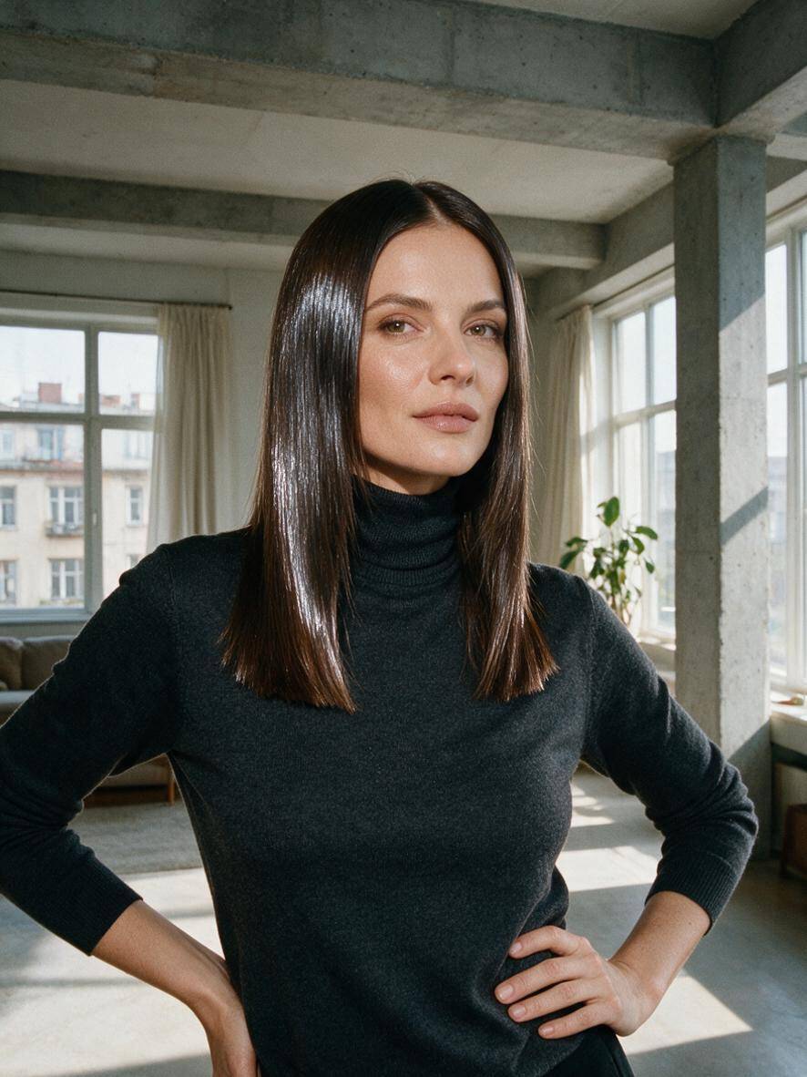 Fryzura glass hair w ciemnym brązie z tępo ściętymi lśniącymi końcami