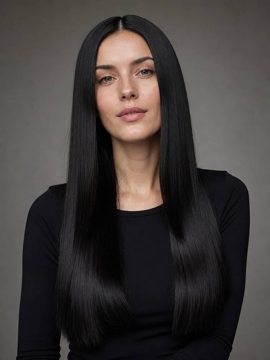 Fryzura glass hair na czarnych prostych włosach o efekcie tafli szkła