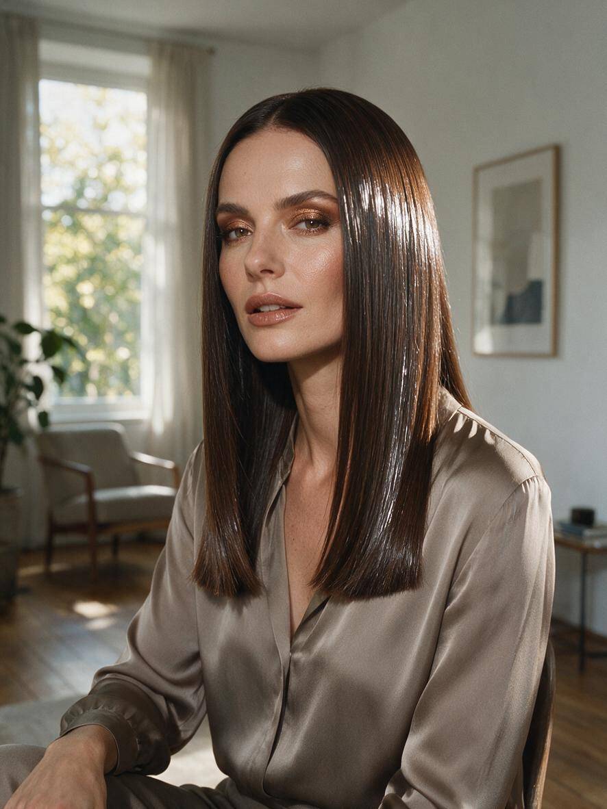 Fryzura glass hair w czekoladowym brązie o lustrzanym połysku