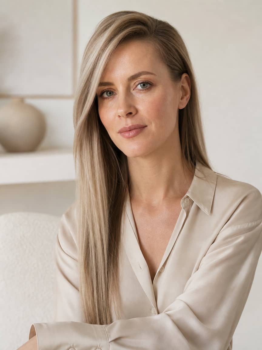 Fryzura sleek look z bocznym przedziałkiem na prostych jasnoblond włosach