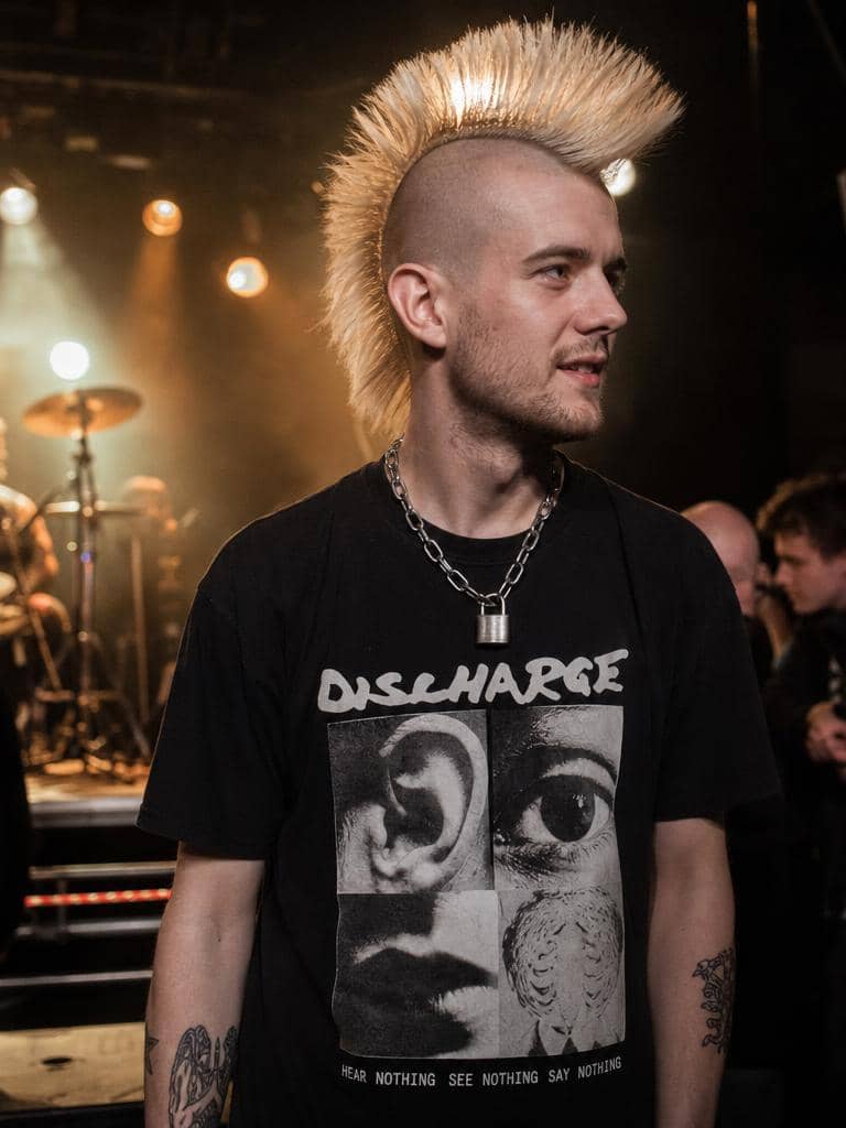 Fryzury męskie irokez w platynowym blondzie w scenerii koncertowej