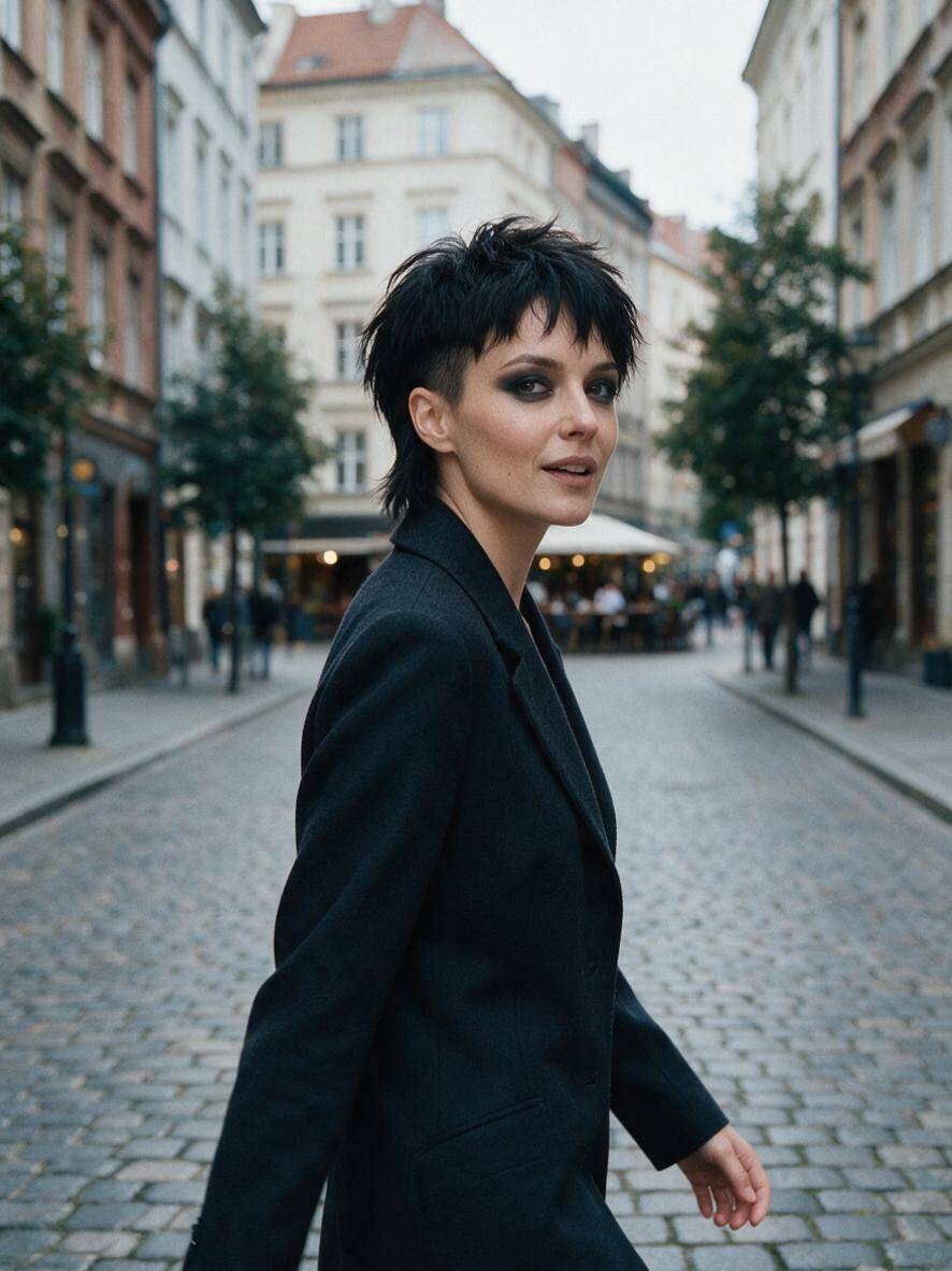 Miękki punk damski na co dzień w czerni z lekko podciętymi bokami