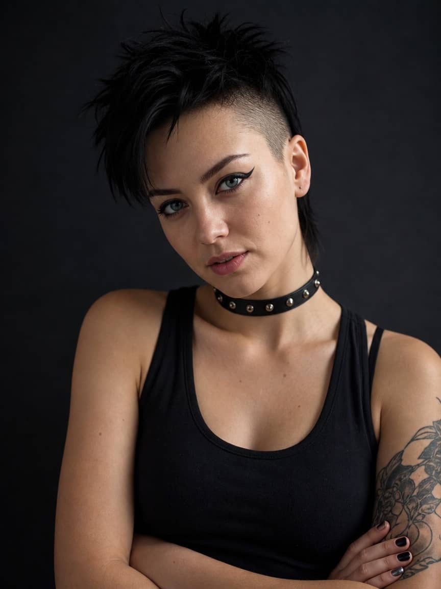 Fryzury punk damskie z wygolonymi bokami w czarnym kolorze