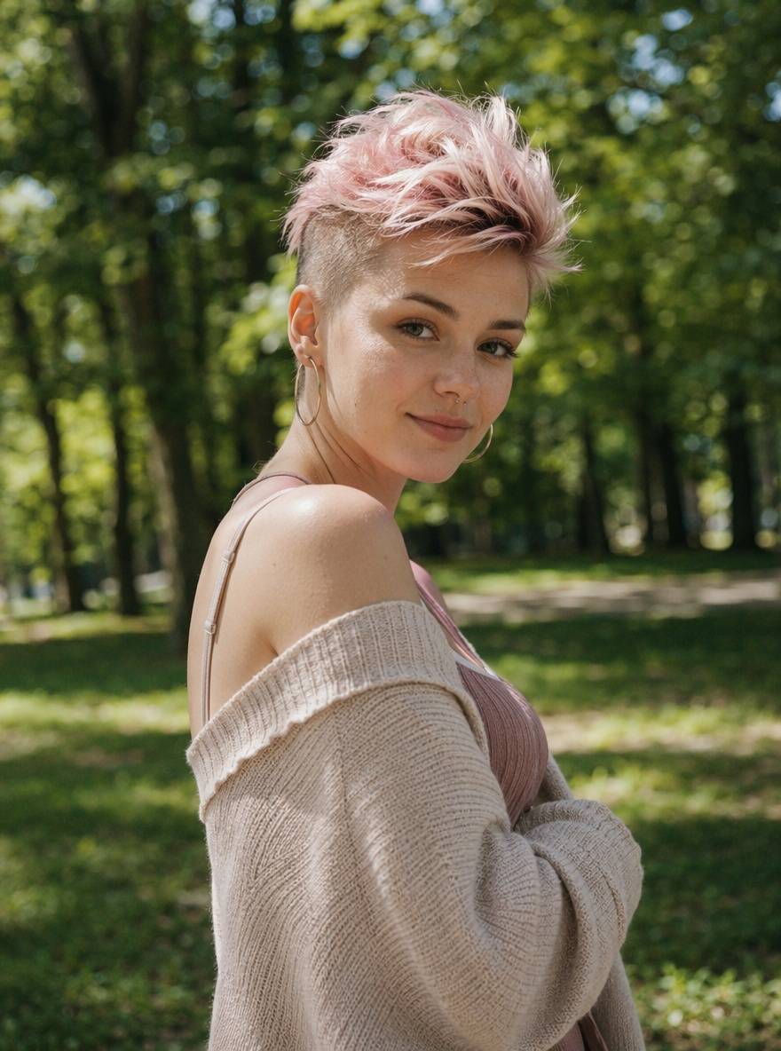 Fryzury punkowe damskie z wygolonymi bokami w pastelowym różu