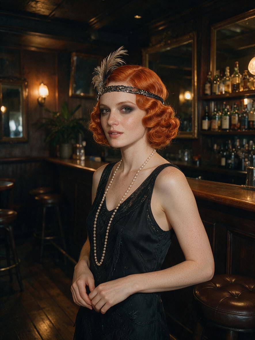 Fryzura lata 20. z falami palcowymi na rudych włosach w stylu flapper