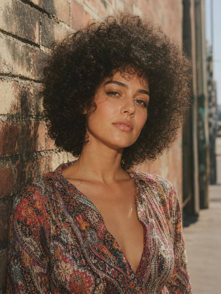 Fryzura lat 70. afro o naturalnej teksturze na ciemnych kręconych włosach