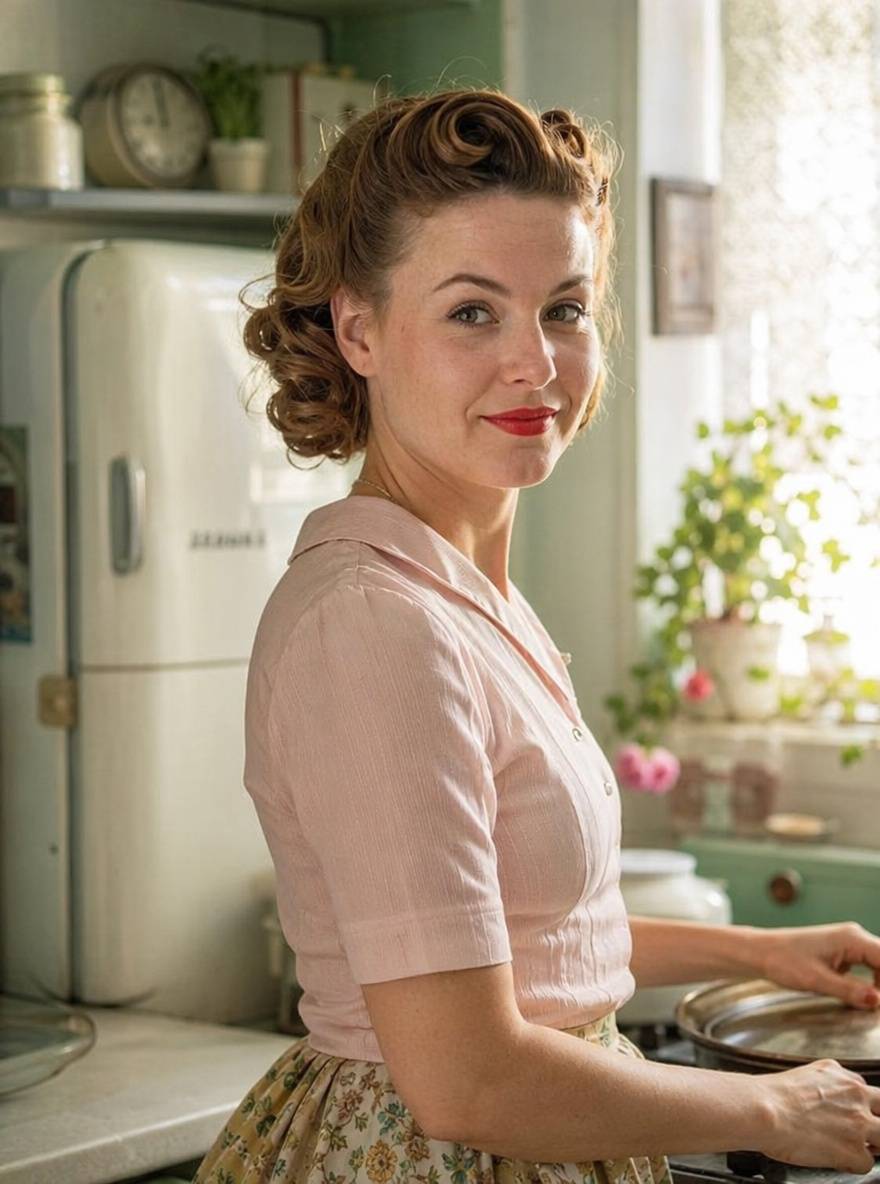 Fryzura lata 50. pin-up na krótkich karmelowych włosach z rollami