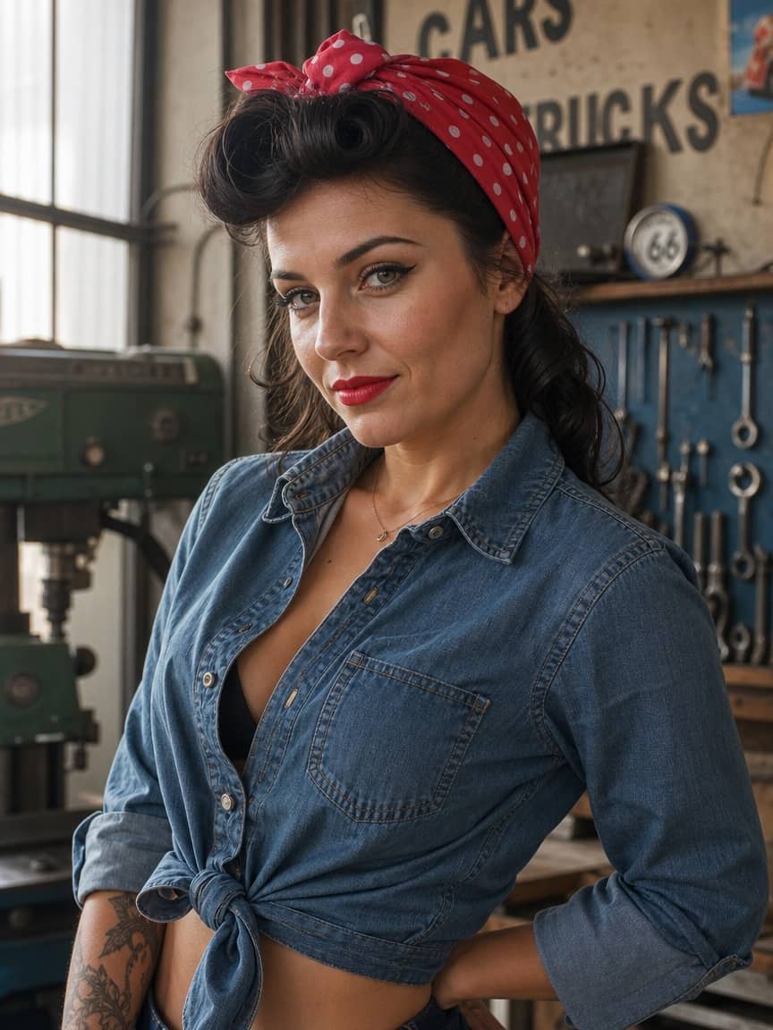 Fryzura lata 50. pin-up z chustą i podwiniętą grzywką na czarnych włosach