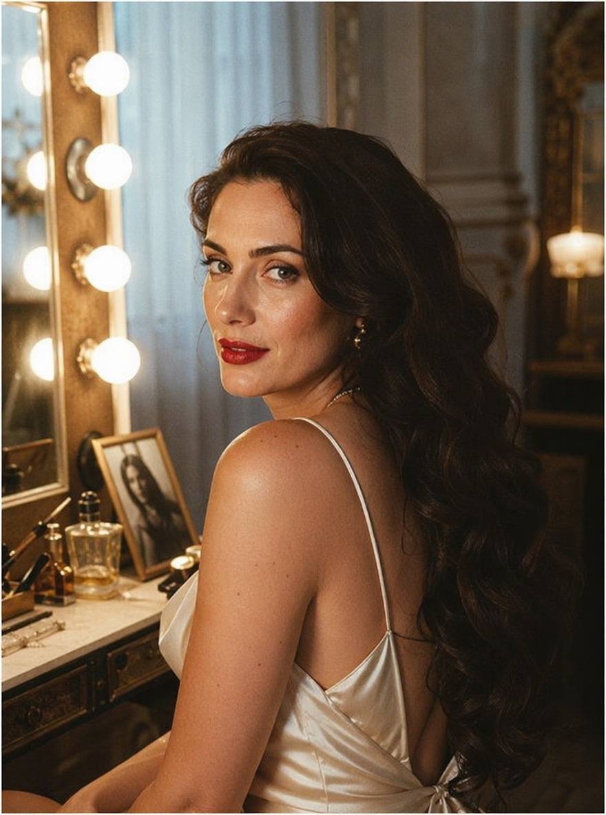 Fryzura retro na długich ciemnych włosach z hollywoodzkimi lokami
