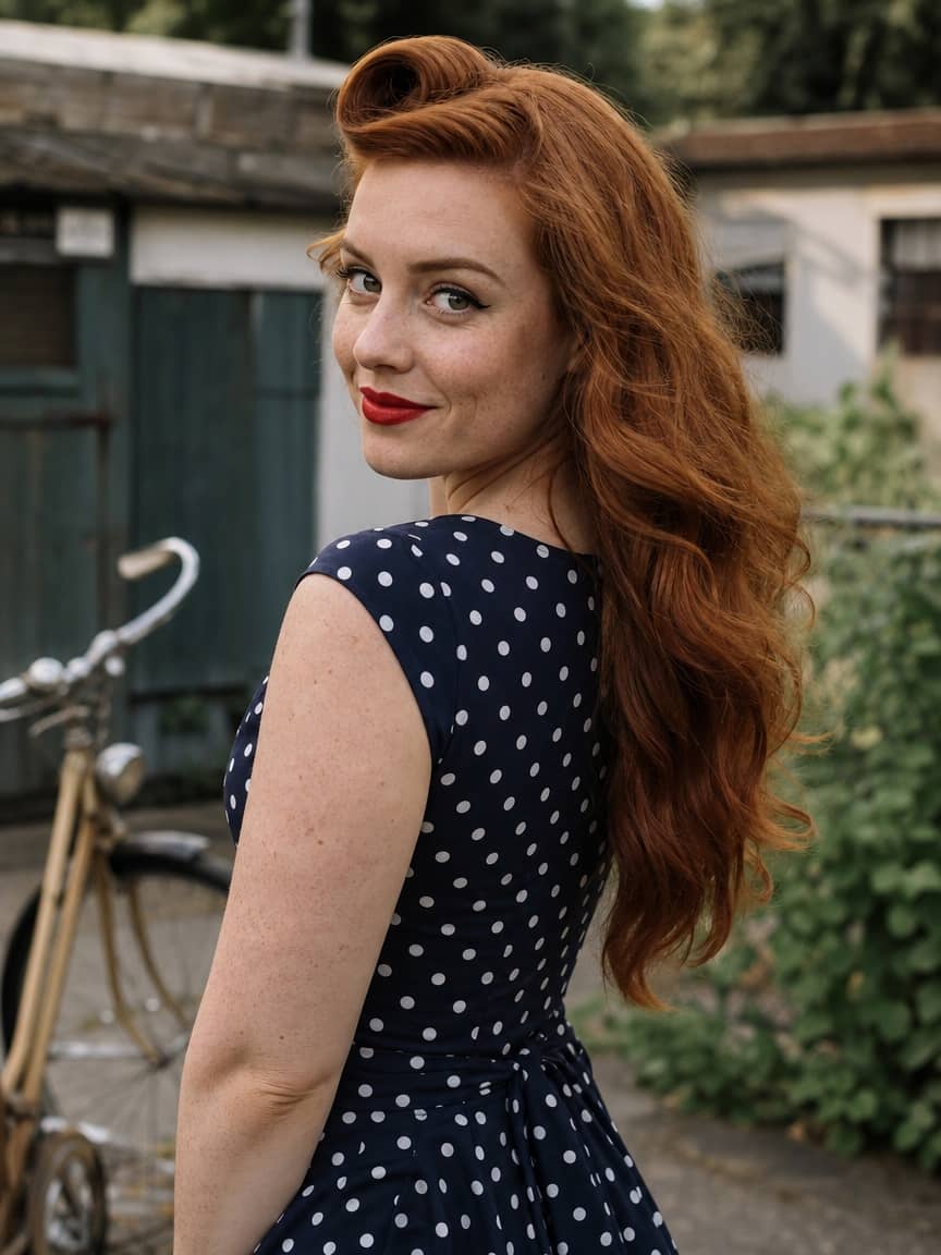 Fryzura retro na długich rudych włosach w stylu pin-up z lokami