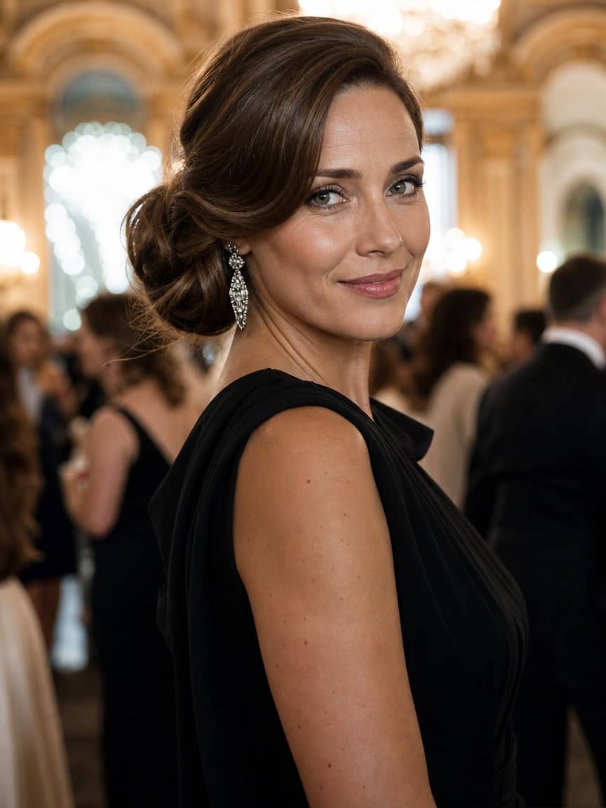 Fryzura retro glamour z eleganckim niskim upięciem na karmelowych włosach