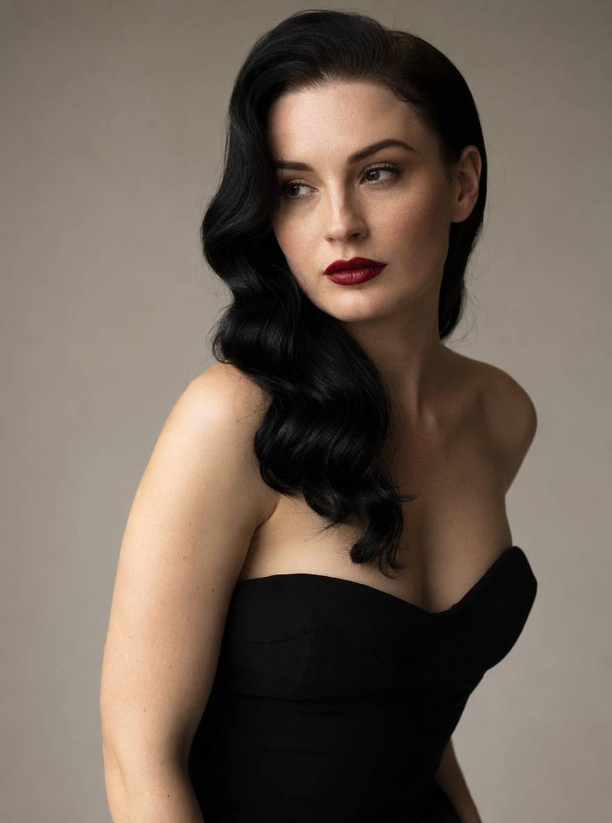Fryzura retro glamour z czarnymi lśniącymi falami w studyjnym oświetleniu