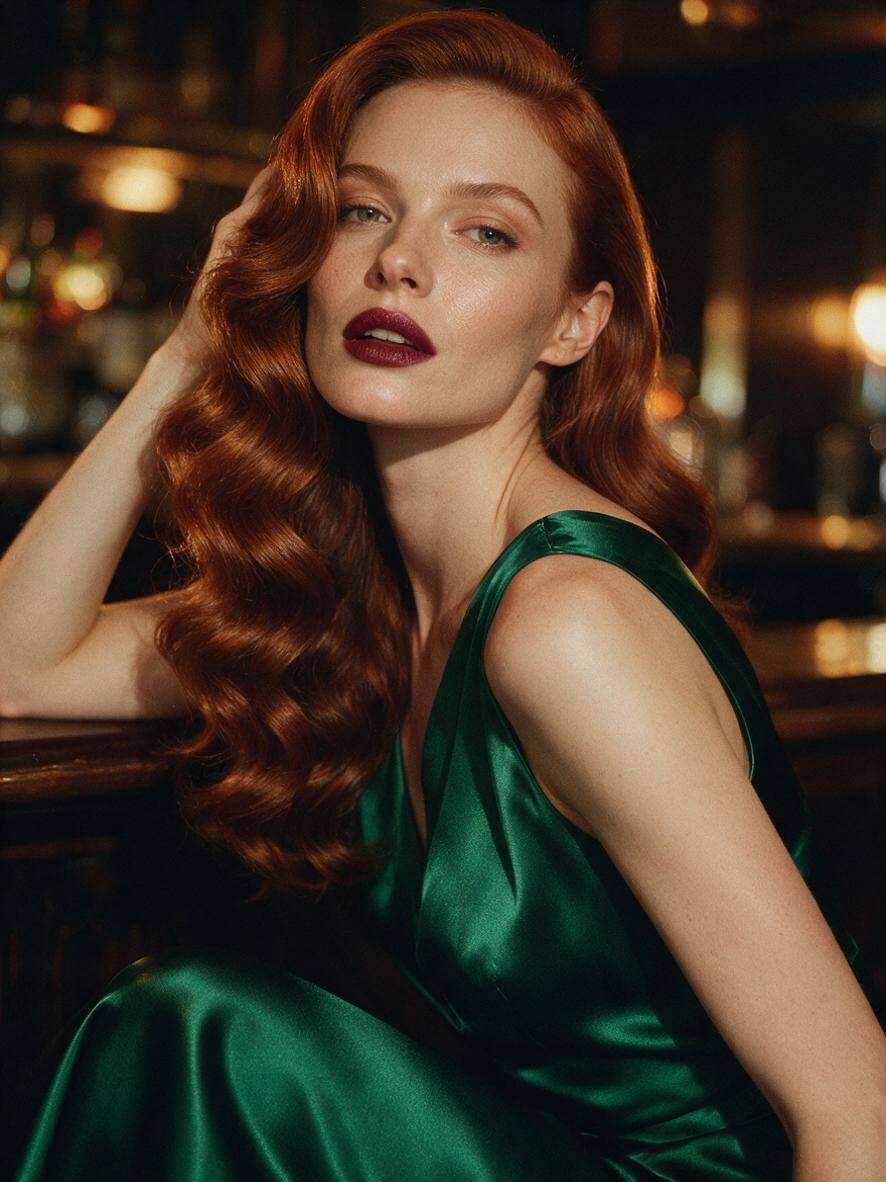 Fryzura retro glamour z rudymi falami hollywoodzkimi na jedną stronę