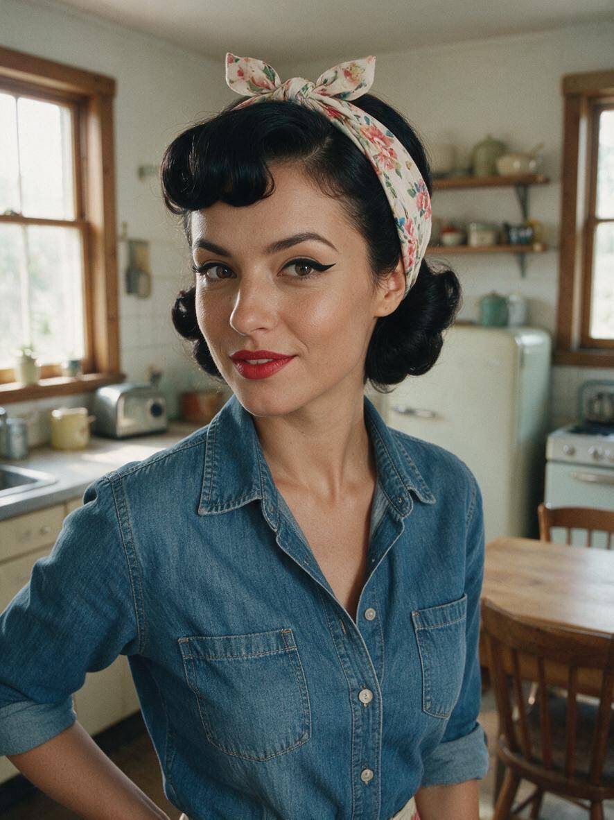 Fryzura retro na krótkich czarnych włosach z rollami w stylu pin-up
