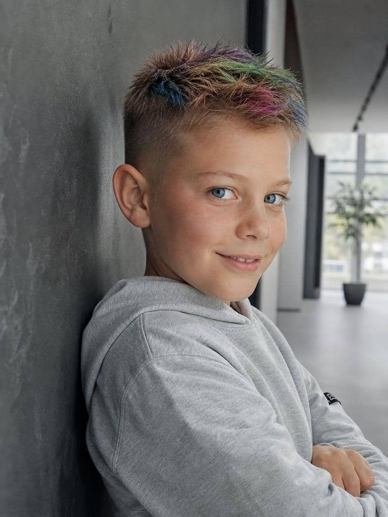 Szalone fryzury dla chłopców z kolorowymi pasemkami ze zmywalnego sprayu