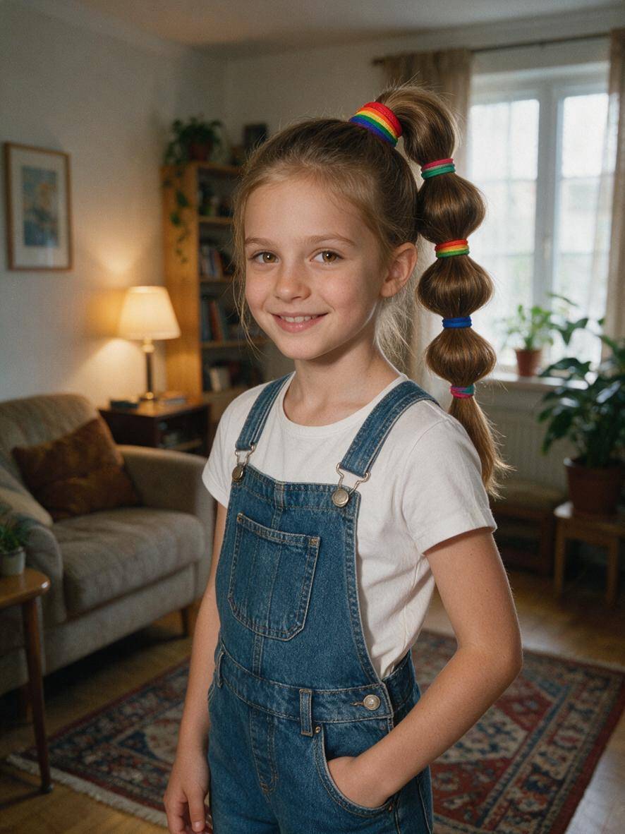 Szalona fryzura z piętrowymi kucykami ułożonymi jeden nad drugim