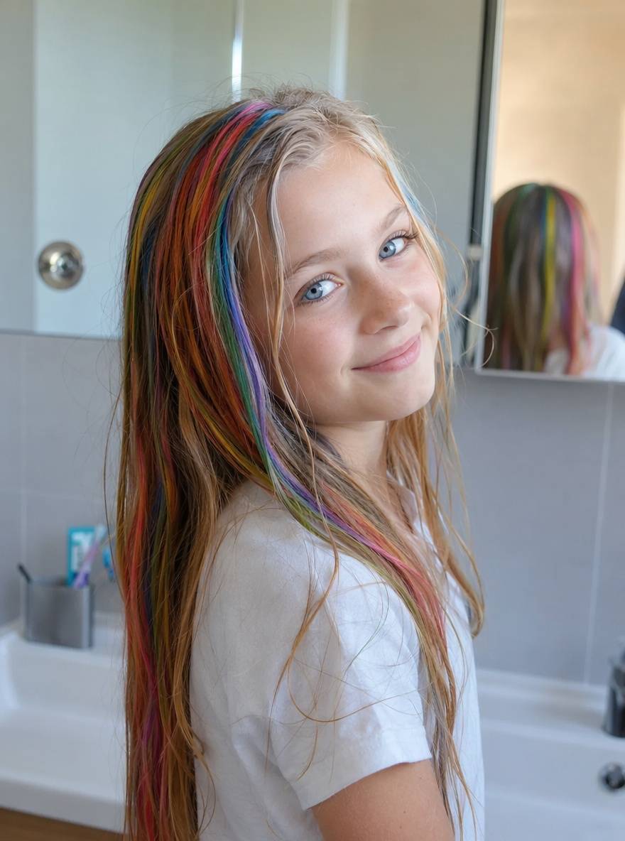 Szalona fryzura z tęczowymi pasemkami ze zmywalnego sprayu do włosów