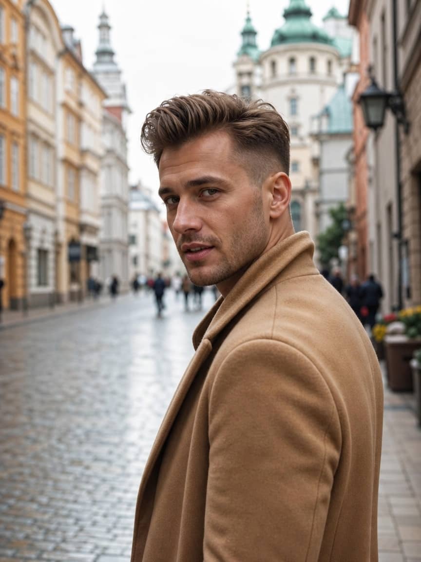 Fryzura pompadour w ciemnym blondzie z wolumenem