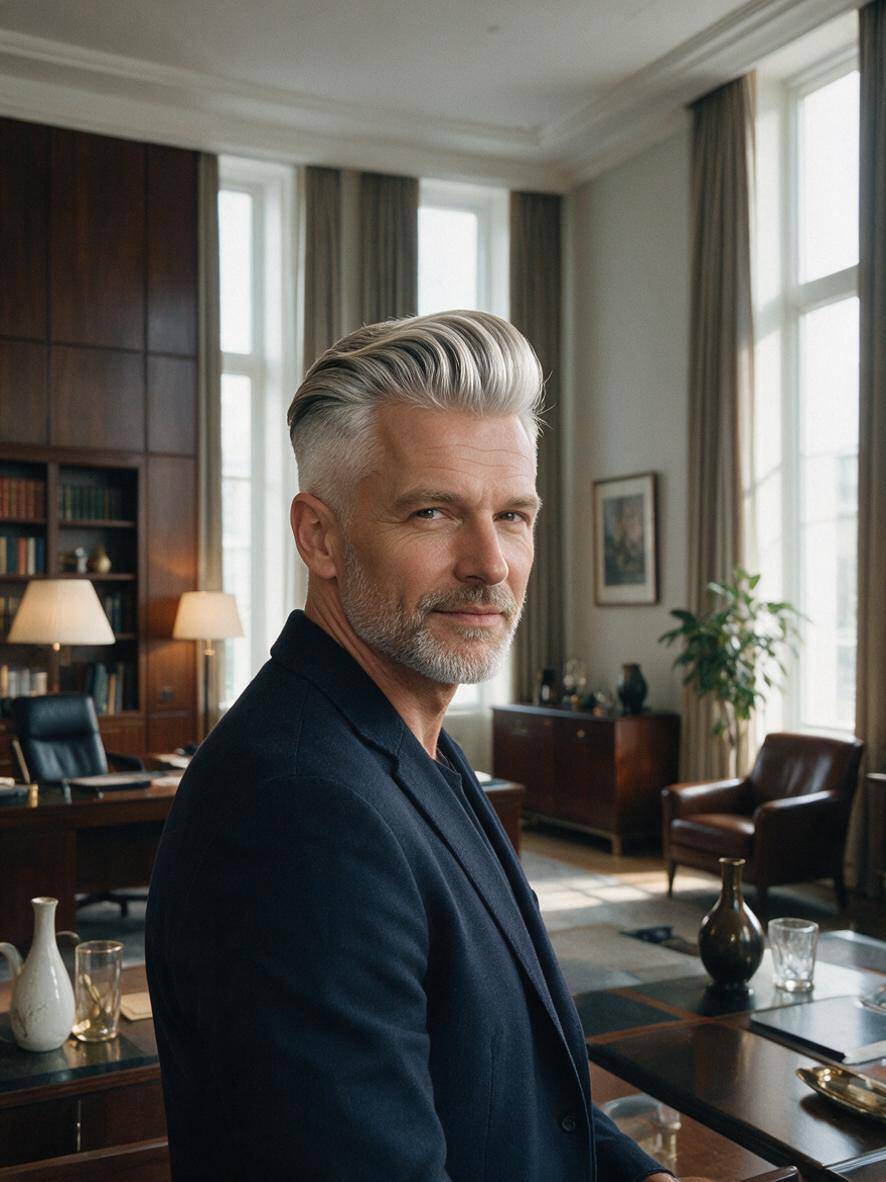 Fryzura pompadour w kolorze siwym dla dojrzałego mężczyzny