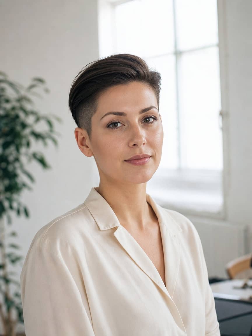 Fryzura undercut damski dla brunetki z dłuższą górą