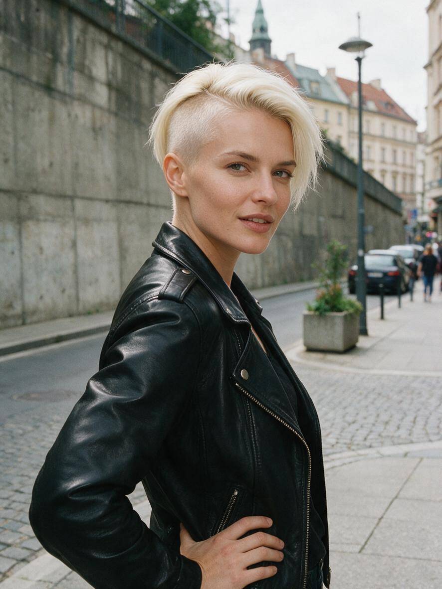 Fryzura undercut damski w kolorze platynowego blondu z wygolonym bokiem