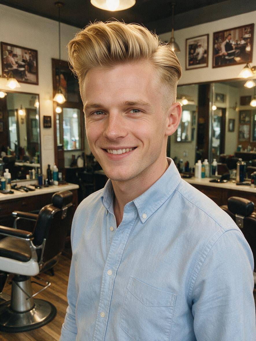Fryzura quiff w kolorze blond z objętością z przodu