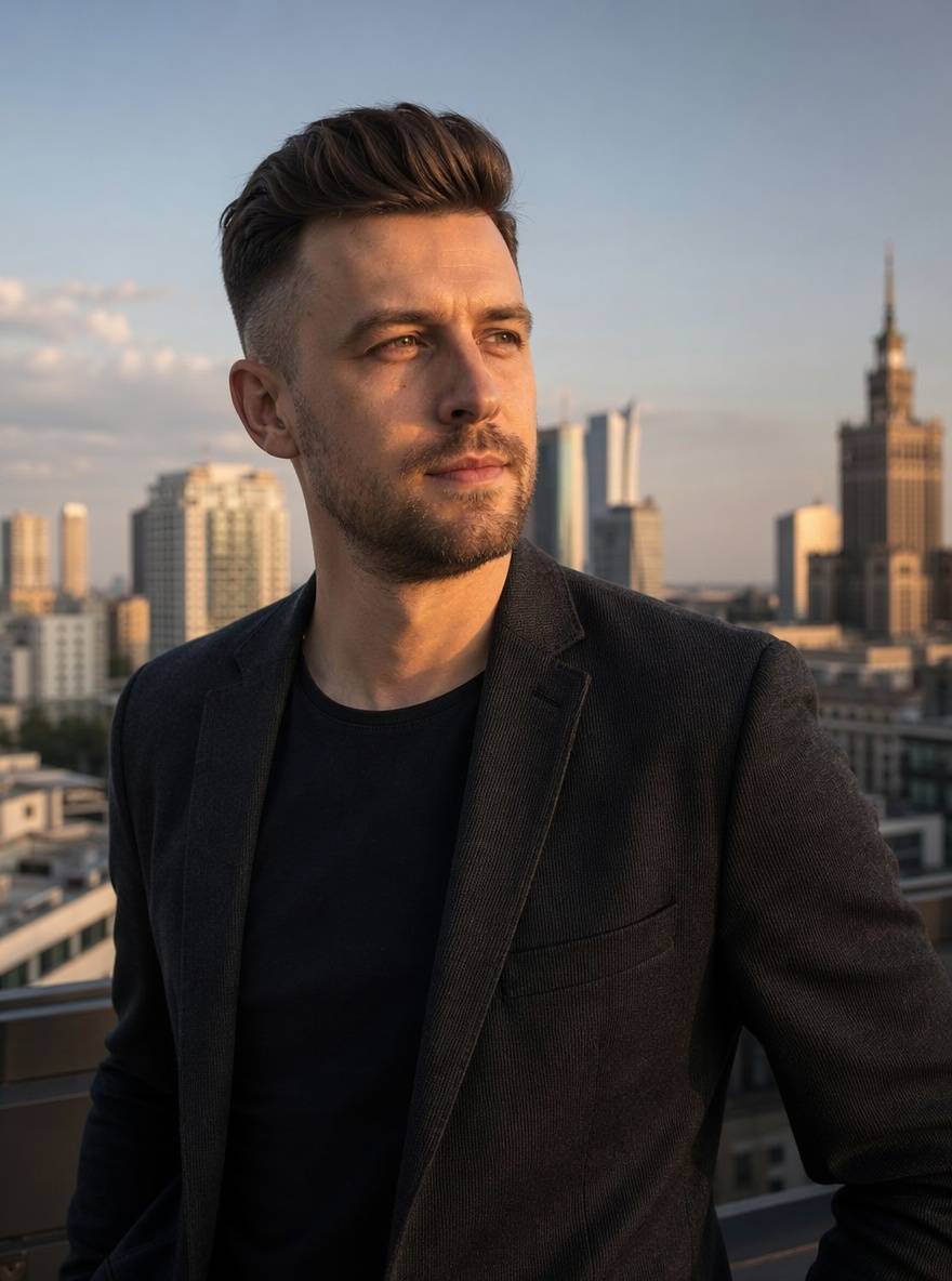 Fryzura quiff na bazie undercutu dla bruneta z uniesioną górą