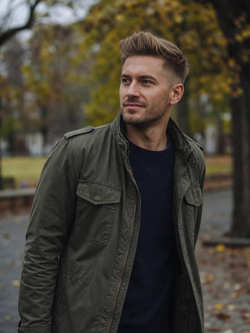 Fryzura quiff w ciemnym blondzie na bazie undercutu